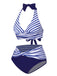 Blue 1940s Striped Contrast Knit Halter Swimsuit