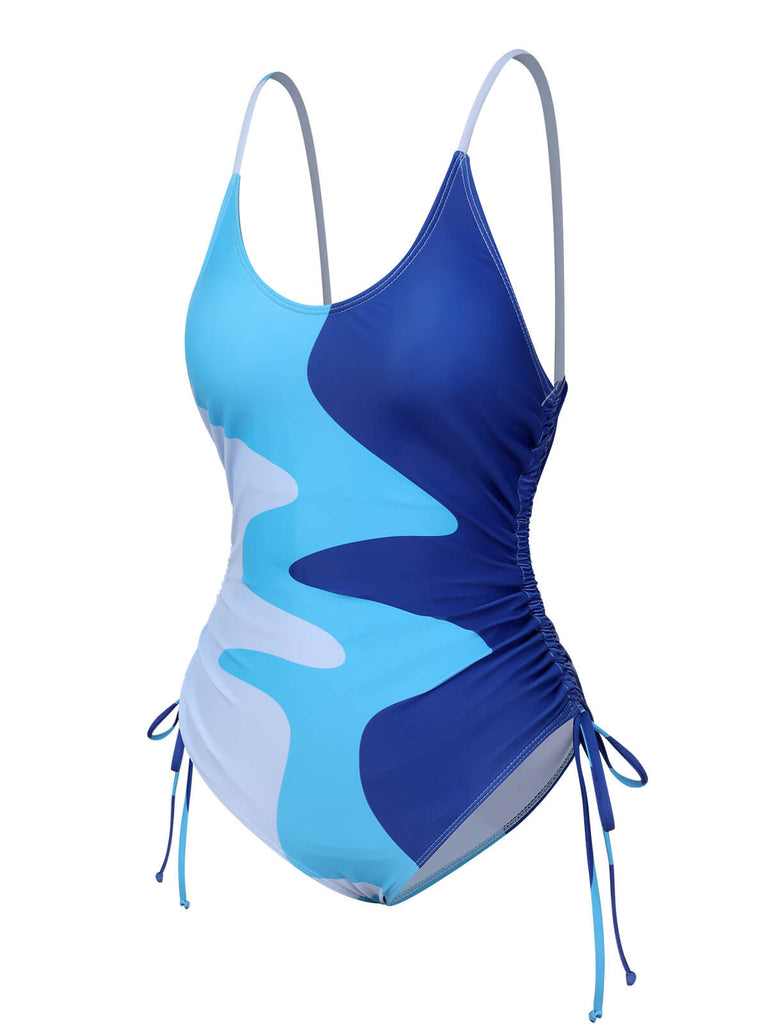 1950s Drawstring Waves Color Block Swimsuit