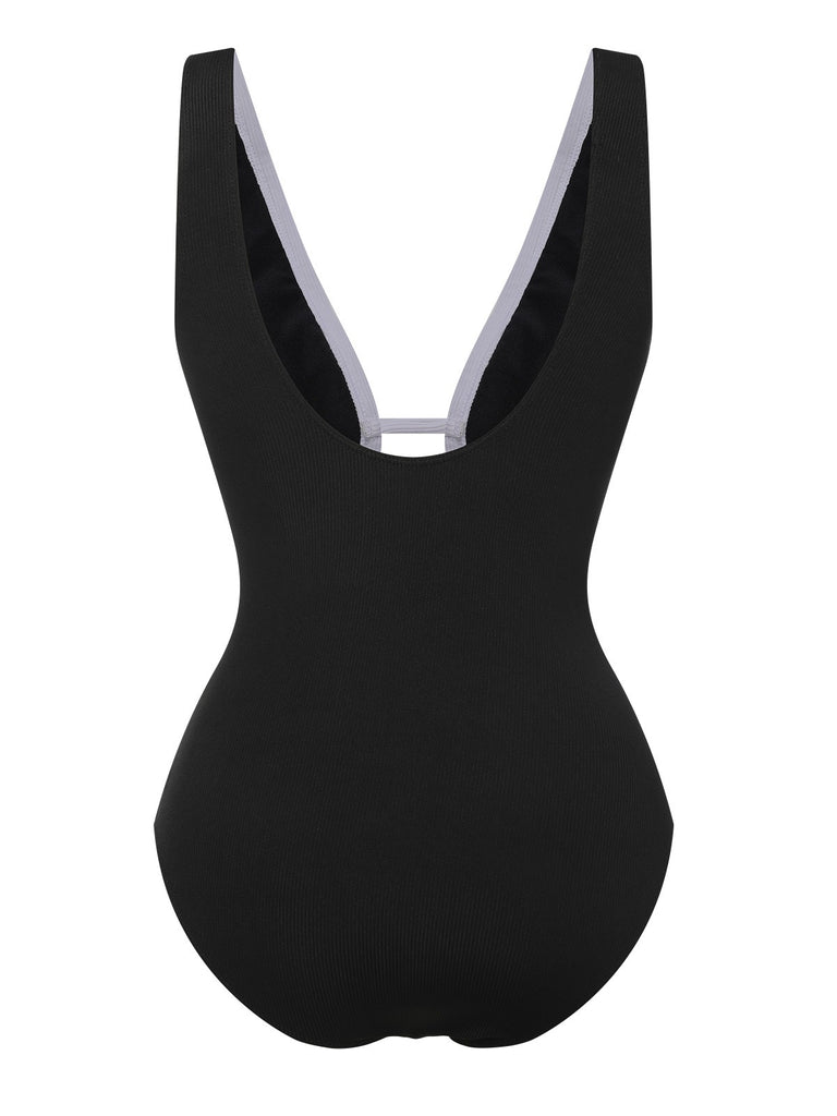 Black 1950s Deep V-Neck Waist Tie Swimsuit