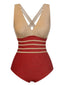 Red 1950s Stripe Patchwork One-Piece Swimsuit