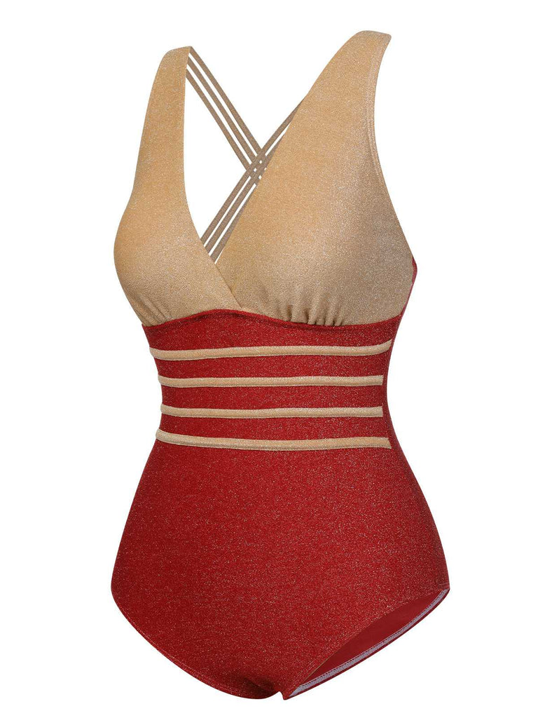 Red 1950s Stripe Patchwork One-Piece Swimsuit
