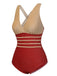 Red 1950s Stripe Patchwork One-Piece Swimsuit