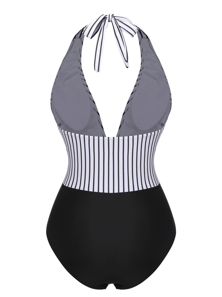 Black 1950s Deep V-Neck Stripe Swimsuit