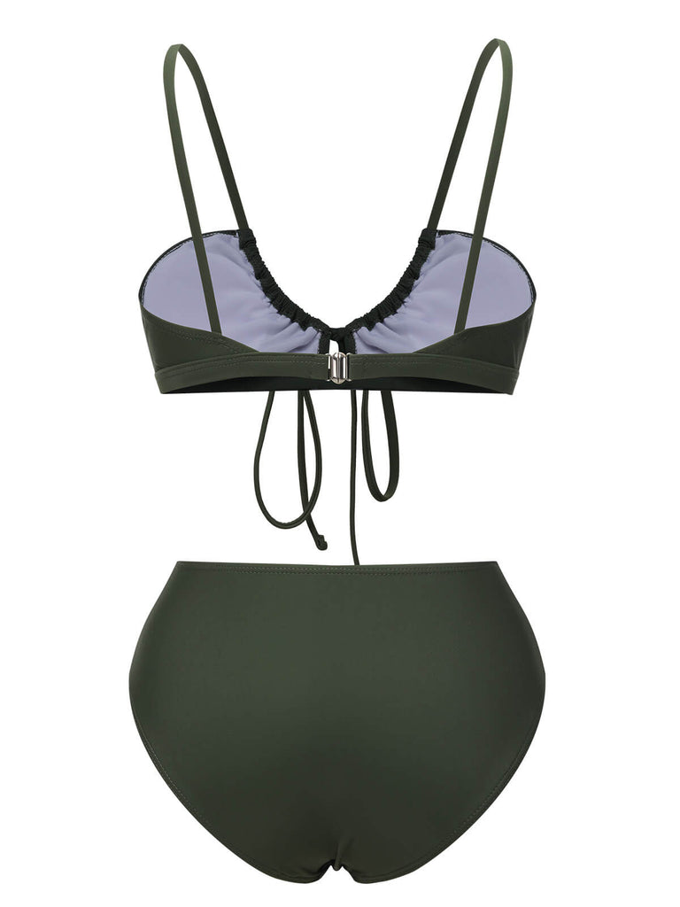 Army Green 1950s Solid Drawstring Halter Bikini