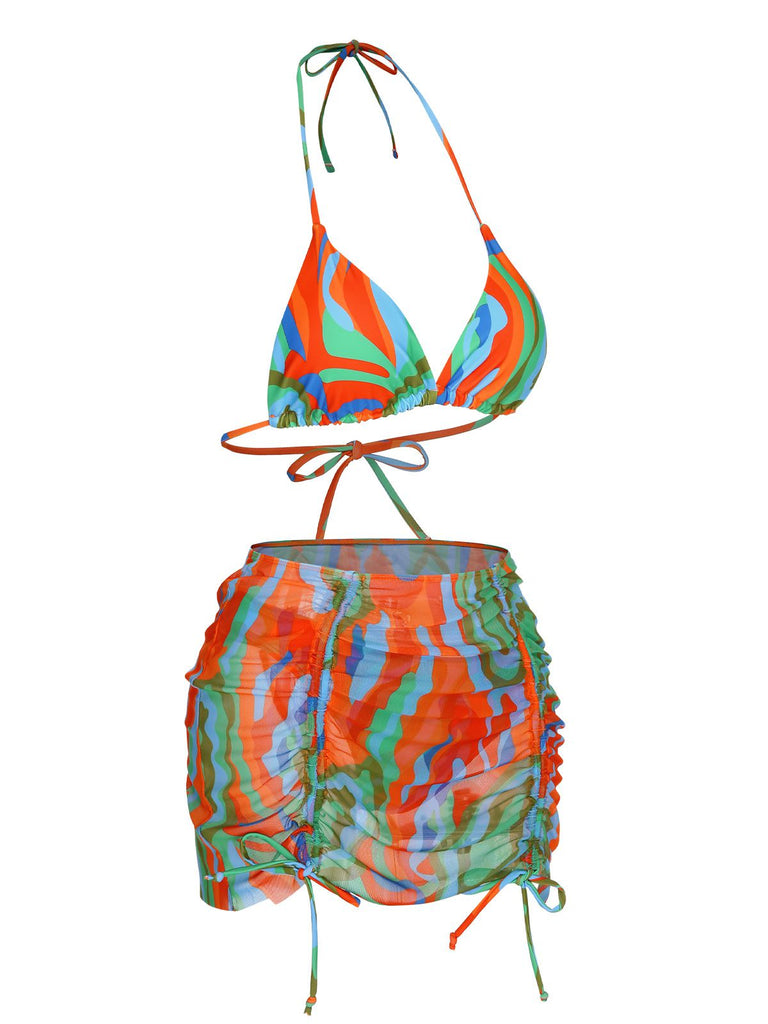 1970s Colorful Swimsuit & Drawstring Skirt Cover Up