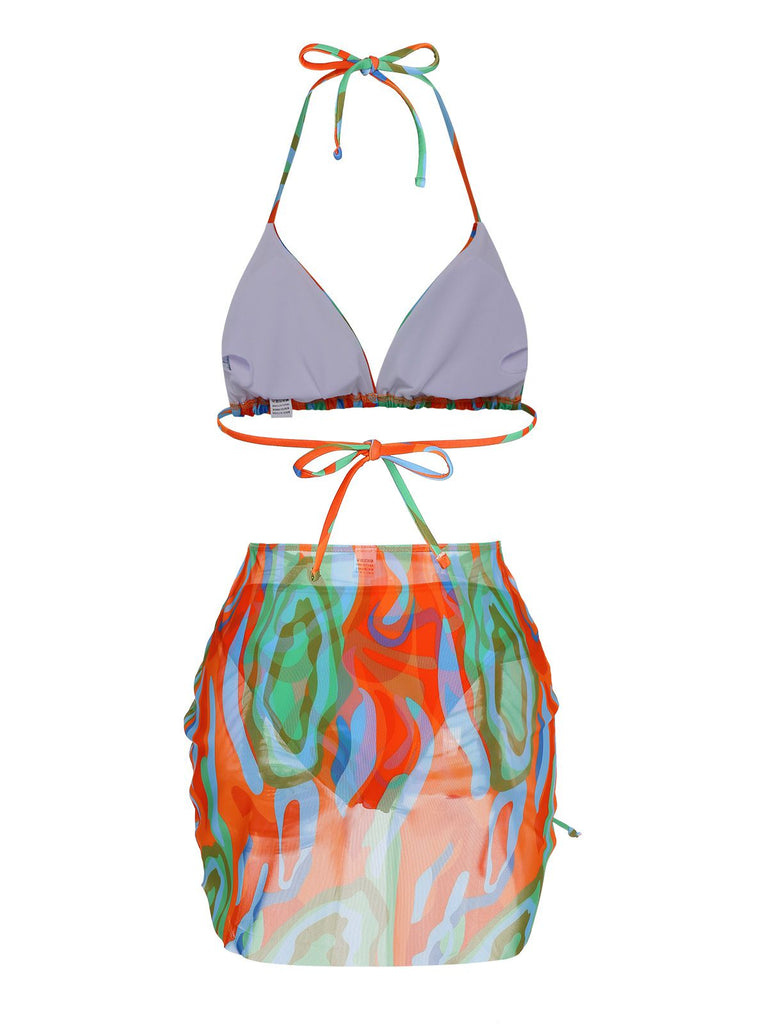 1970s Colorful Swimsuit & Drawstring Skirt Cover Up