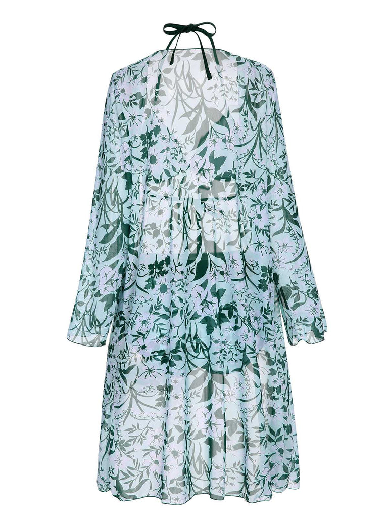 Green 1950s Halter Plants Print Swimsuit & Cover-Up