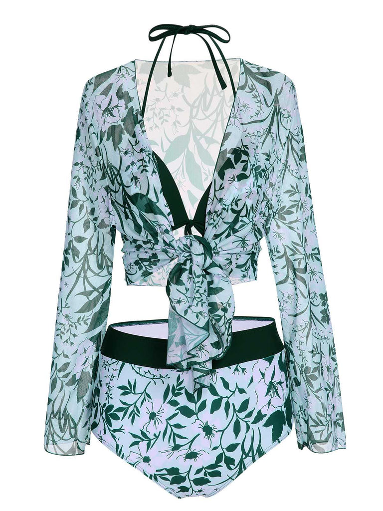 Green 1950s Halter Plants Print Swimsuit & Cover-Up