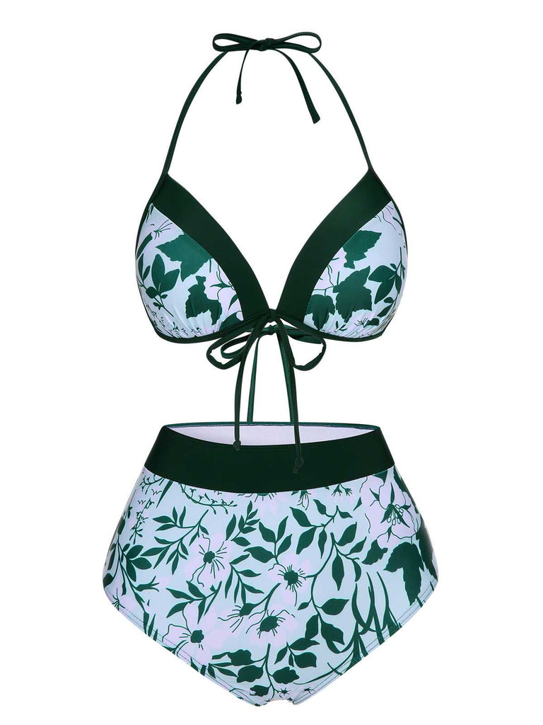 Green 1950s Halter Plants Print Swimsuit & Cover-Up