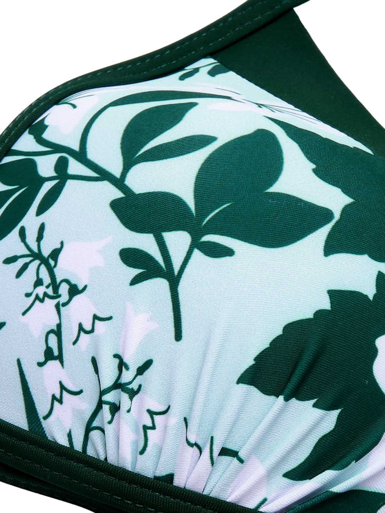 Green 1950s Halter Plants Print Swimsuit & Cover-Up