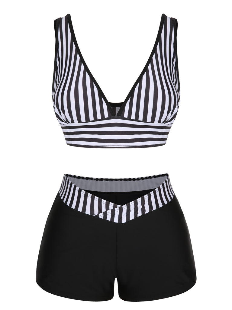 Black 1950s Stripe Binding V-Neck Swimsuit