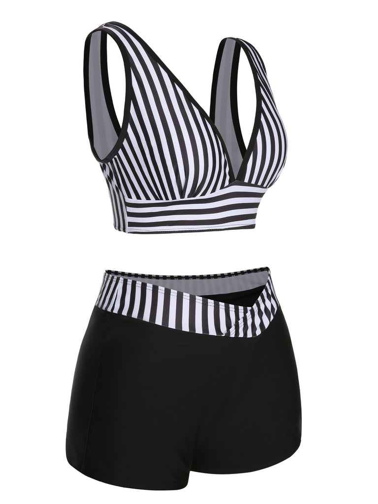 Black 1950s Stripe Binding V-Neck Swimsuit