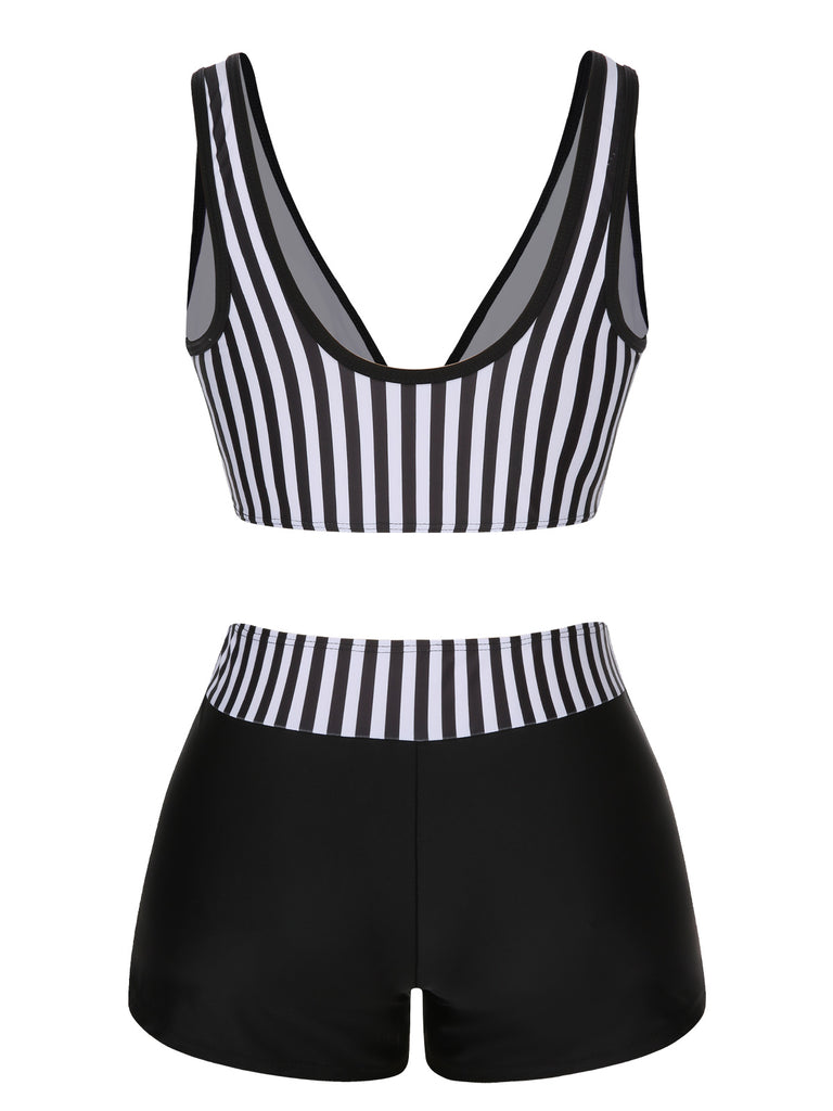 Black 1950s Stripe Binding V-Neck Swimsuit