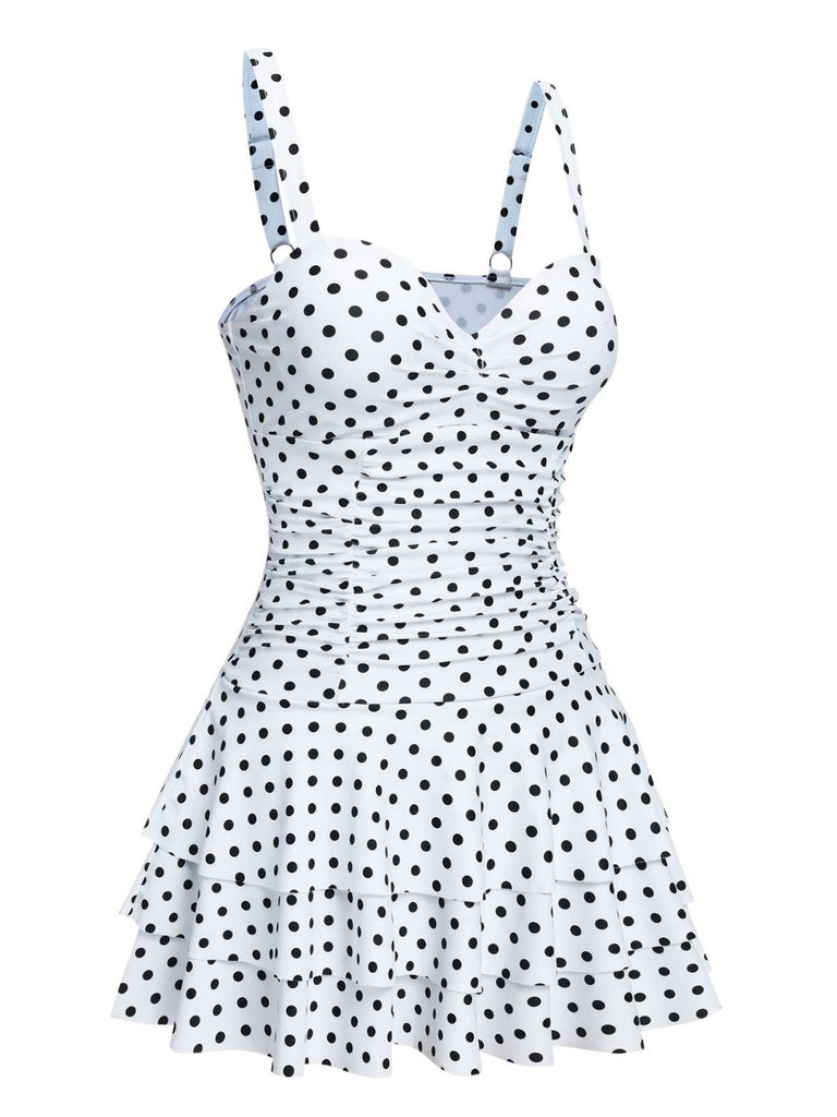 White 1950s Spaghetti Strap Polka Dots Swimsuit
