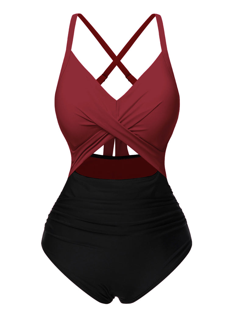 Black 1940s Hollow Waist Patchwork Swimsuit