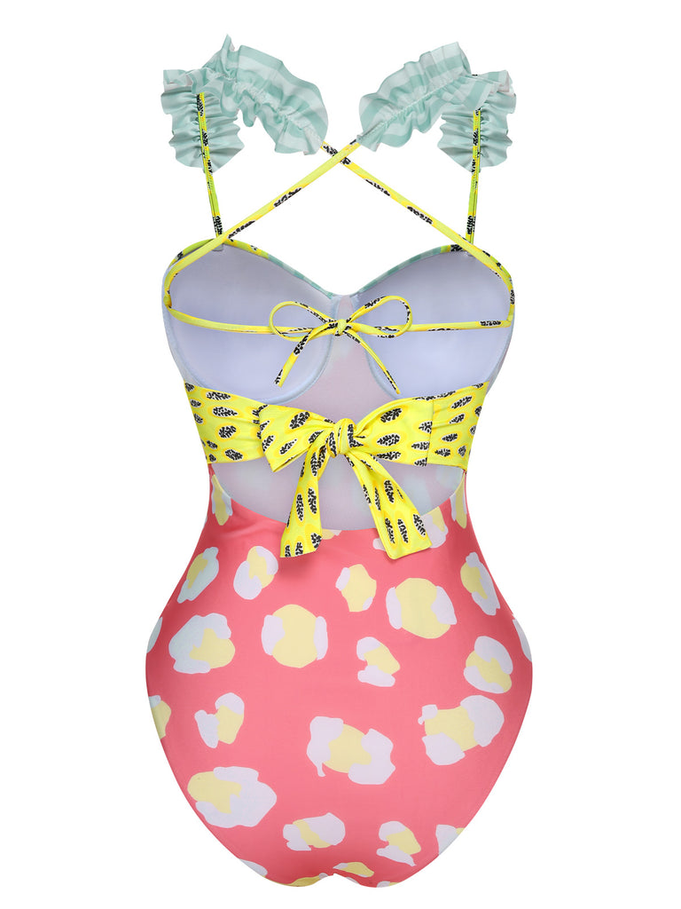 Multicolor 1950s Cartoon Patchwork Swimsuit