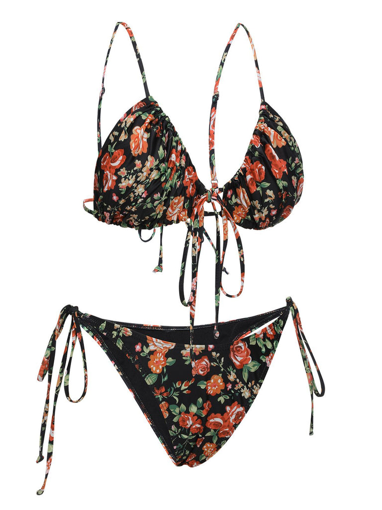 1950s Floral Lace-Up Spaghetti Strap Bikini Set