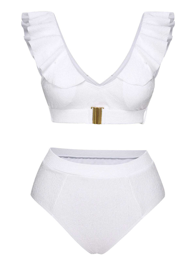 White 1950s Ruffles Solid Swimsuit