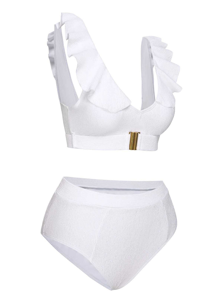 White 1950s Ruffles Solid Swimsuit