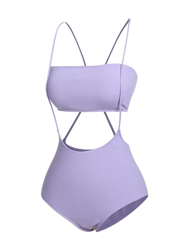 Purple 1950s Spaghetti Strap Bandeau Swimsuit
