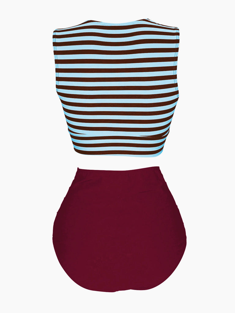 Pink & Black 1970s Striped Waist Tie Patchwork Swimsuit
