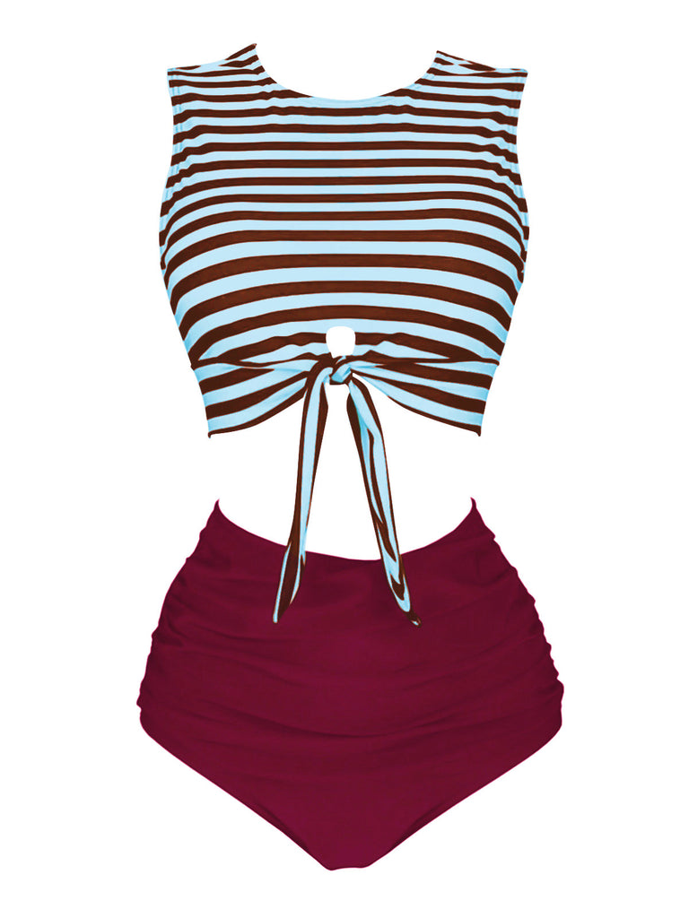 Pink & Black 1970s Striped Waist Tie Patchwork Swimsuit