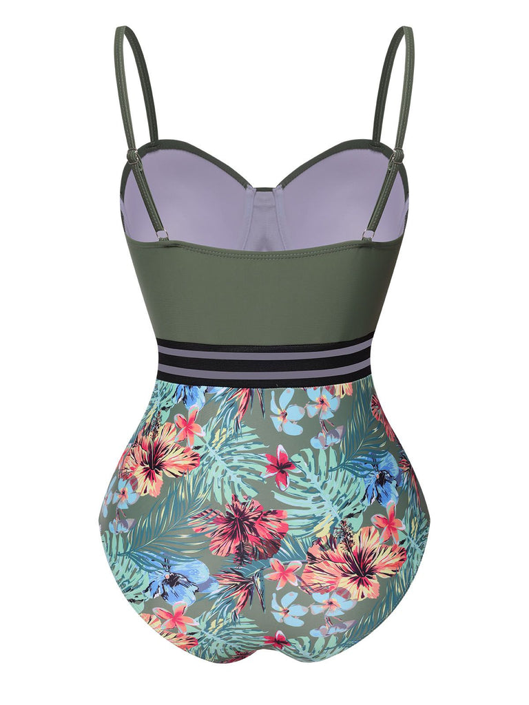 Green 1970s Tropical Patchwork Strap Swimsuit