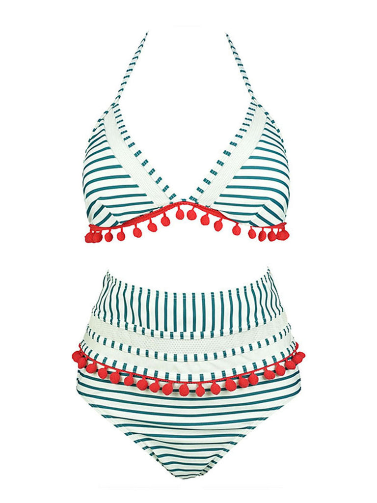 1970s Fur Ball Pendant Tassel Striped Swimsuit