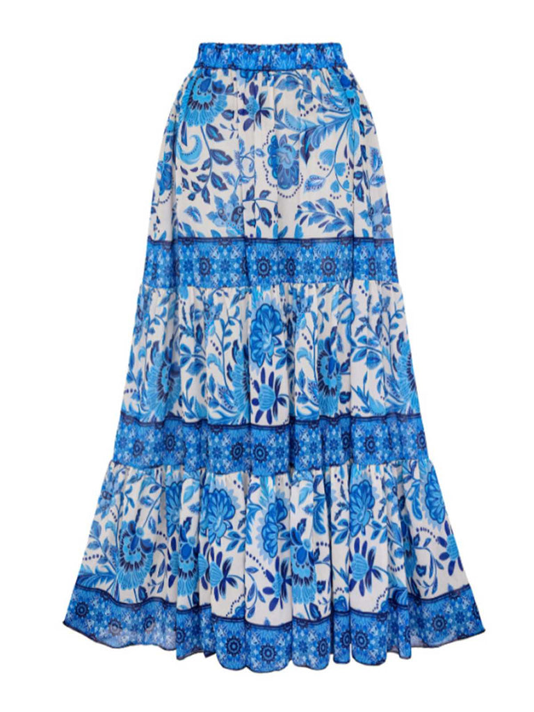 2PCS Blue 1950s One-Shoulder Print Swimsuit & Cover-Up
