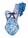 2PCS Blue 1950s One-Shoulder Print Swimsuit & Cover-Up