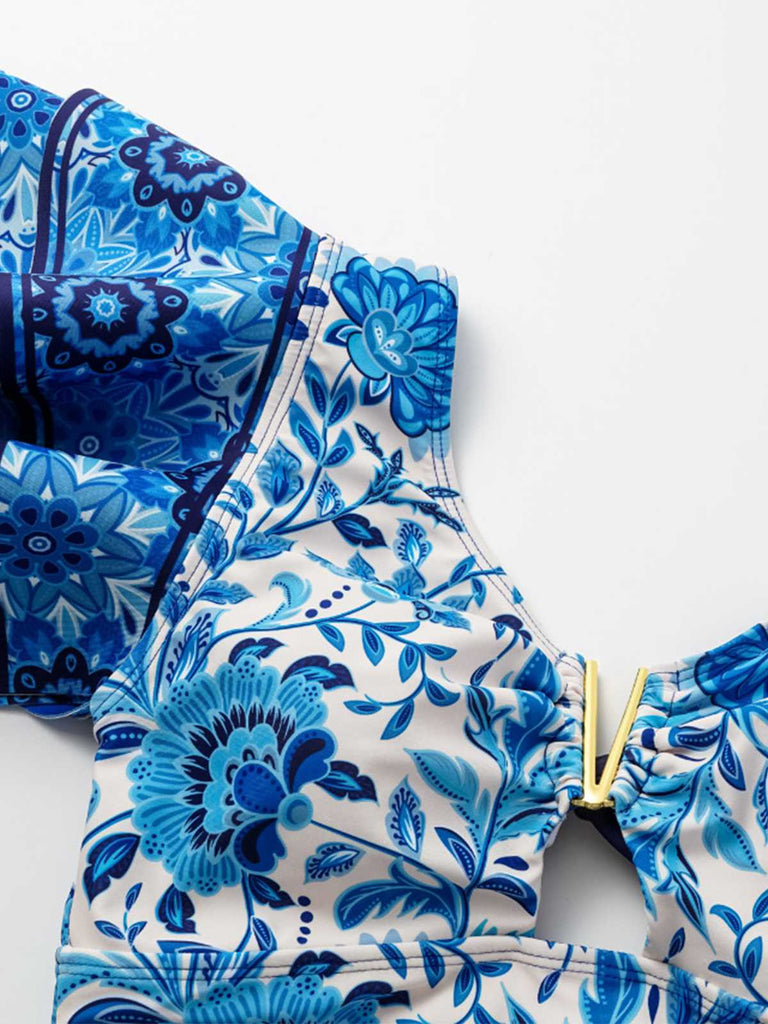 2PCS Blue 1950s One-Shoulder Print Swimsuit & Cover-Up