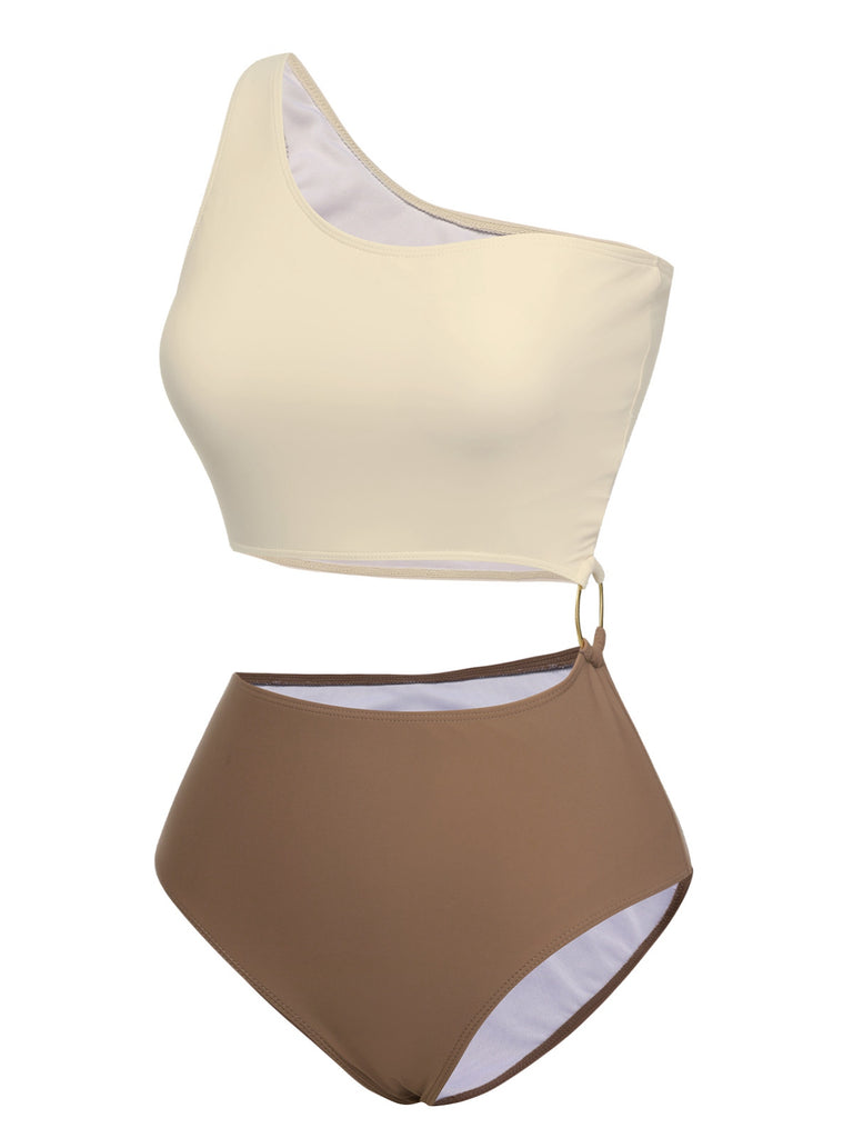 Brown 1930s Metal Button One-Shoulder Swimsuit