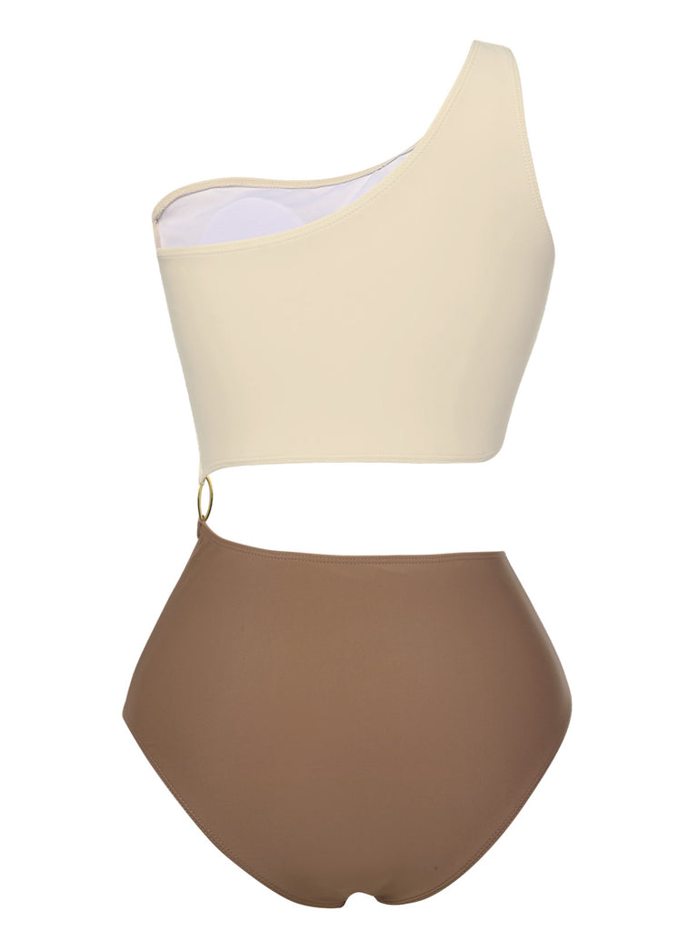 Brown 1930s Metal Button One-Shoulder Swimsuit