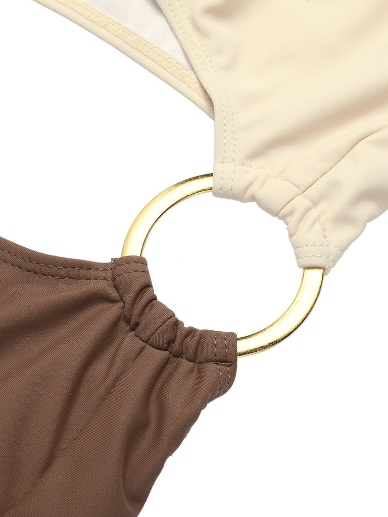 Brown 1930s Metal Button One-Shoulder Swimsuit