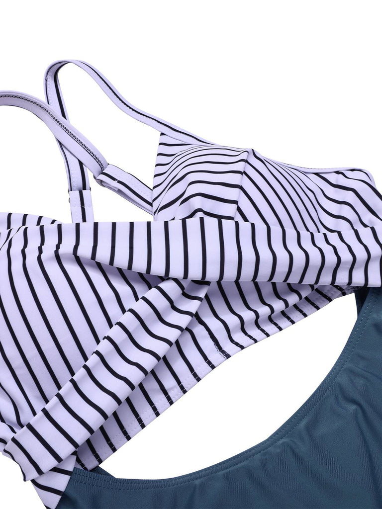 Green 1940s Stripe Patchwork Hollow One-Piece Swimsuit