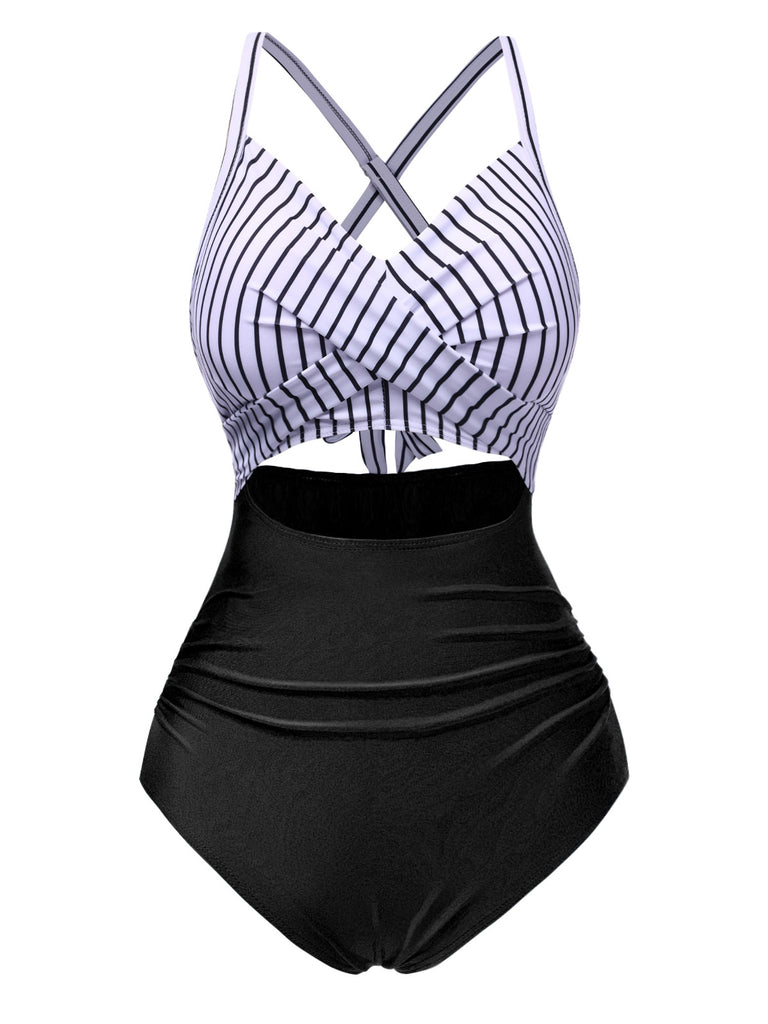 Green 1940s Stripe Patchwork Hollow One-Piece Swimsuit