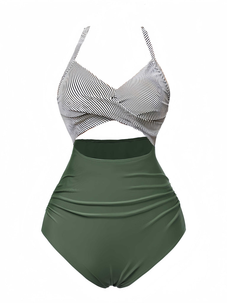 Green 1940s Stripe Patchwork Hollow One-Piece Swimsuit