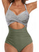 Green 1940s Stripe Patchwork Hollow One-Piece Swimsuit