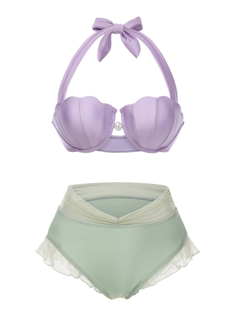 Lavender 1970s Mermaid Shell Halter Bikini Set