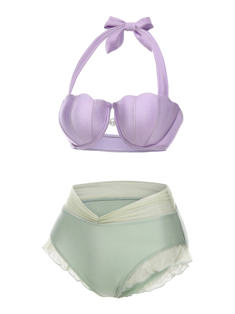 Lavender 1970s Mermaid Shell Halter Bikini Set