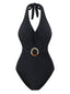 1960s Solid Ring Belt Halter Swimsuit