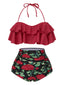 Red 1930s Rose Ruffle Halter Swimsuit