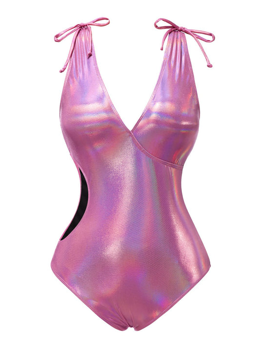 Pink 1970s Bow Deep V Gloss Hollow Swimsuit