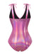 Pink 1970s Bow Deep V Gloss Hollow Swimsuit