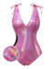 Pink 1970s Bow Deep V Gloss Hollow Swimsuit