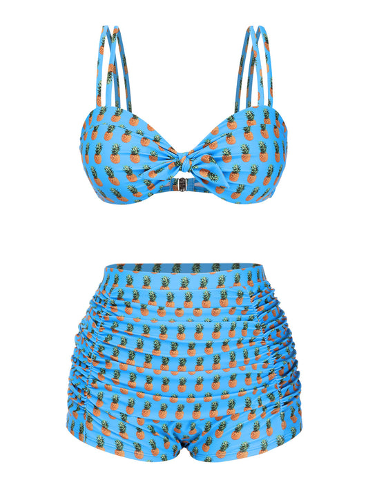 Blue 1950s Pineapple Strap Bow Swimsuit