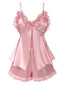 Pink 1950s Solid Satin V-Neck 3D Floral Pajama Set