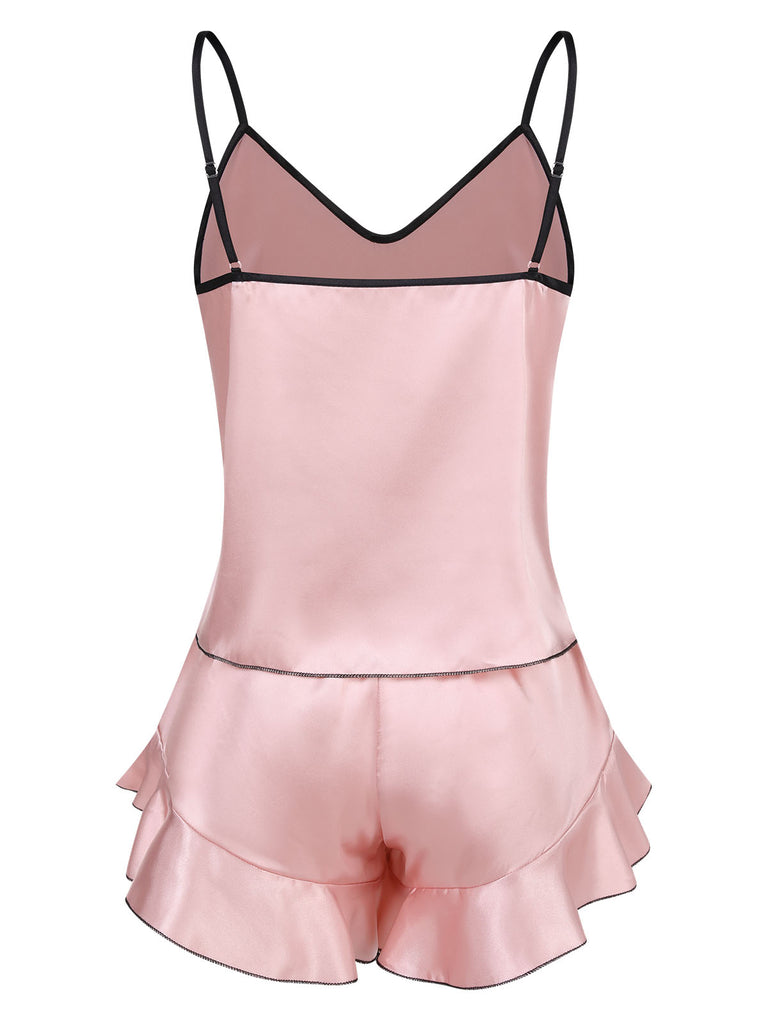1970s Spaghetti Straps Satin Ribbon Pajamas