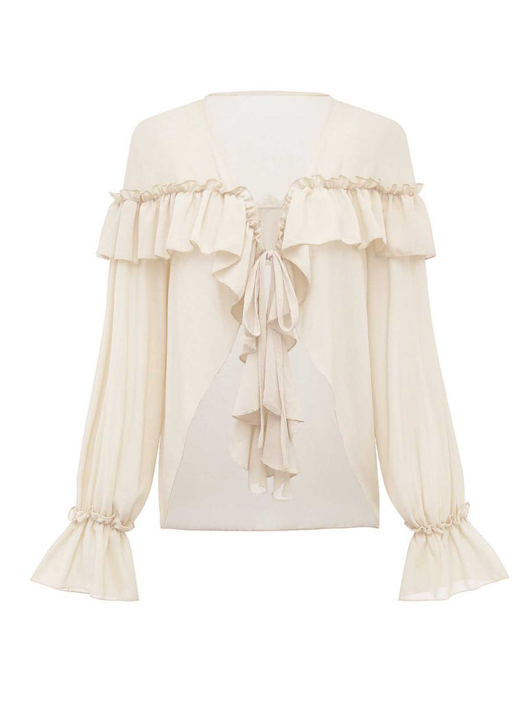 1970s Boho Cascading Ruffles Solid Blouse