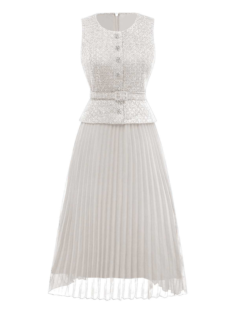 1960s Pearl Button Belted Sleeveless Pleated Dress